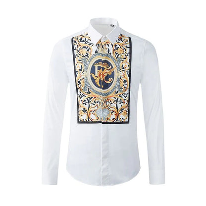 Luxurious White Long-Sleeve Shirt with Ornate Golden Motif