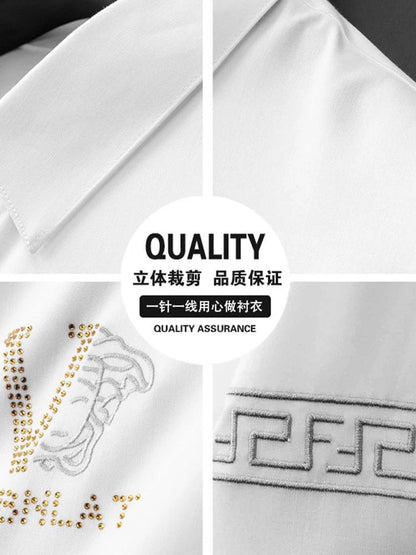 Sophisticated White Shirt with Greek Key Detail & Embroidered Logo