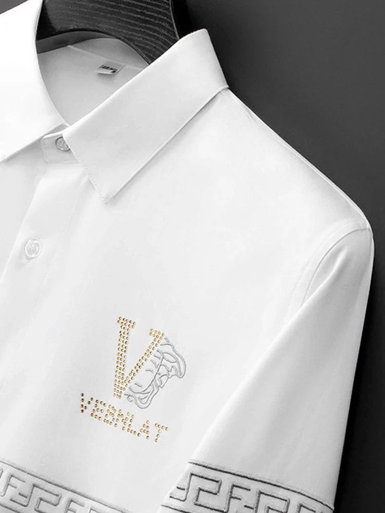 Sophisticated White Shirt with Greek Key Detail & Embroidered Logo
