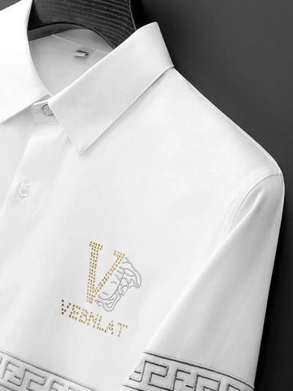 Sophisticated White Shirt with Greek Key Detail & Embroidered Logo