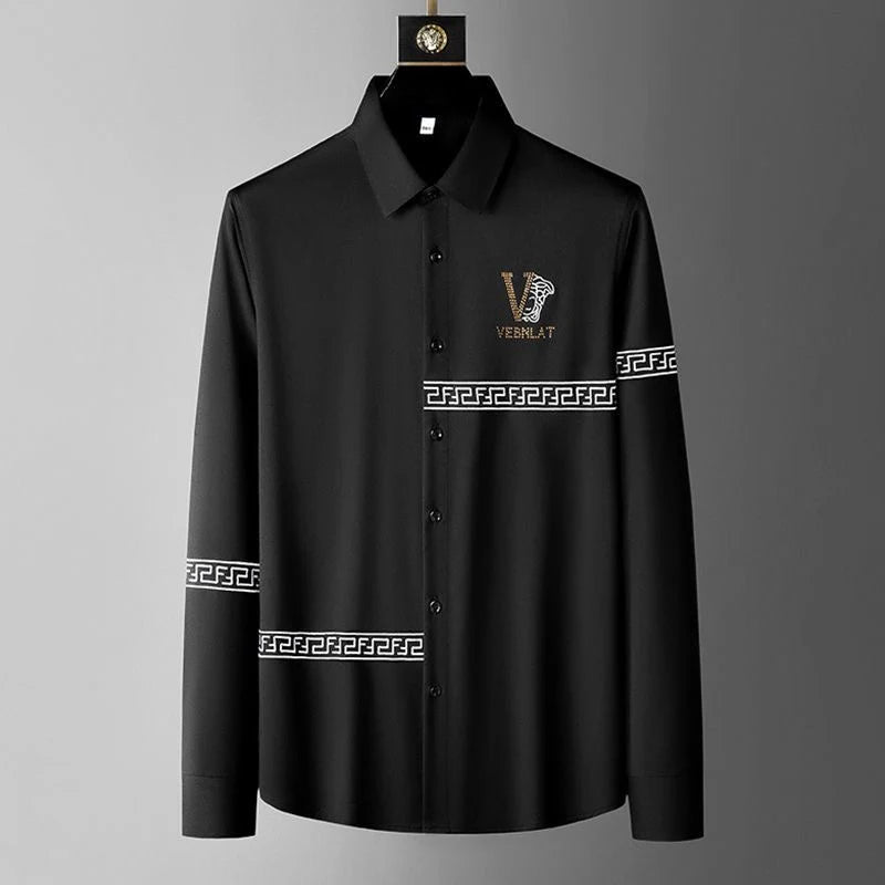 Sophisticated White Shirt with Greek Key Detail & Embroidered Logo