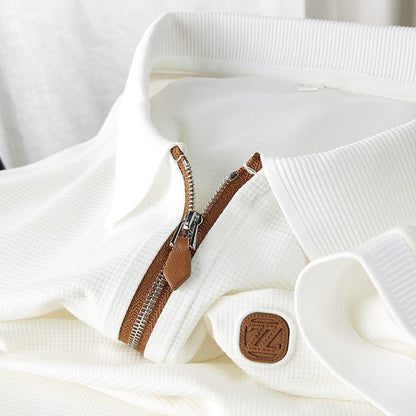 Men’s Premium Waffle-Knit Half-Zip Polo with Contrast Leather Accents
