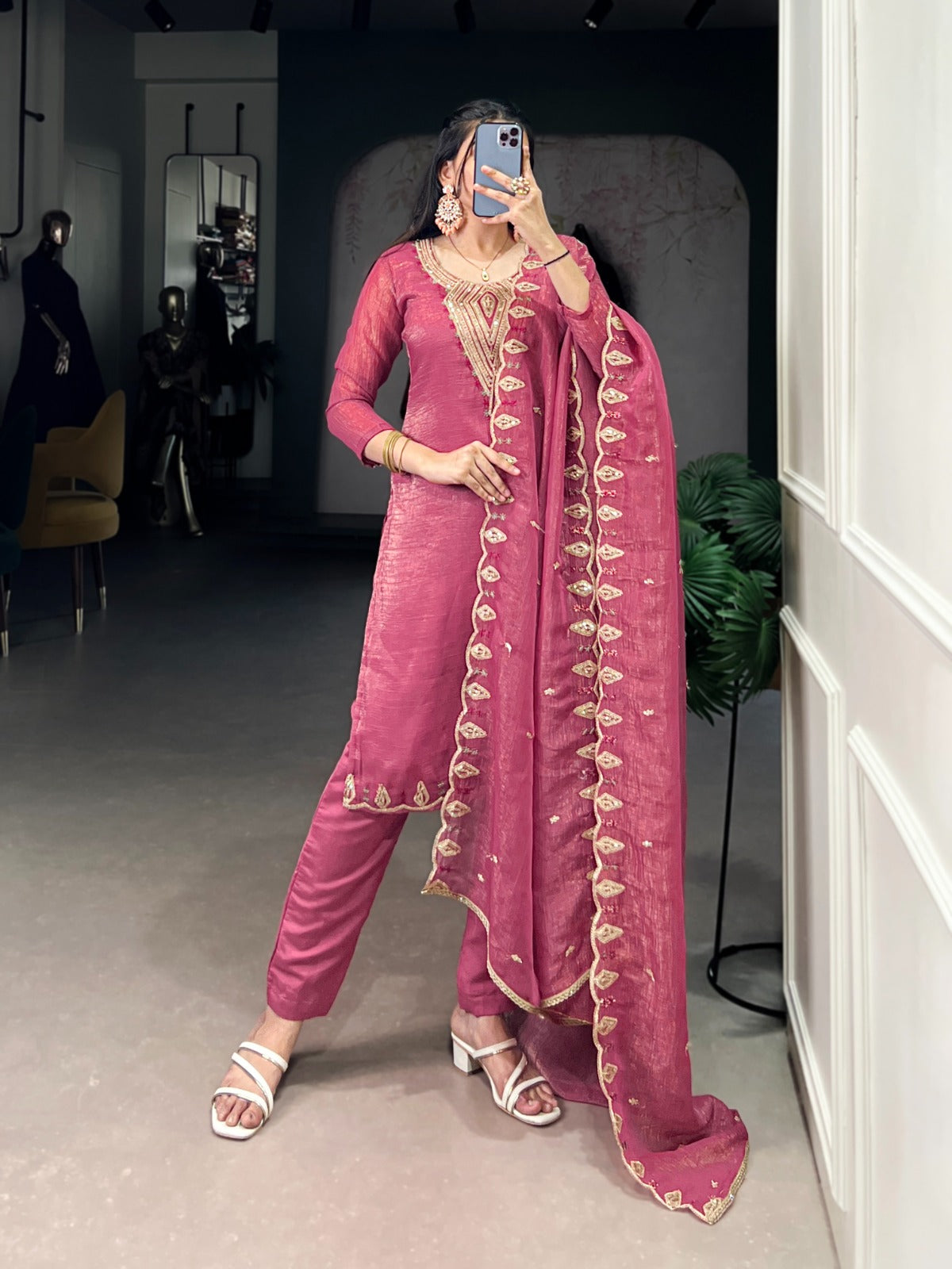 DRESS PINK ROMAN SILK EMBRODERY WORK