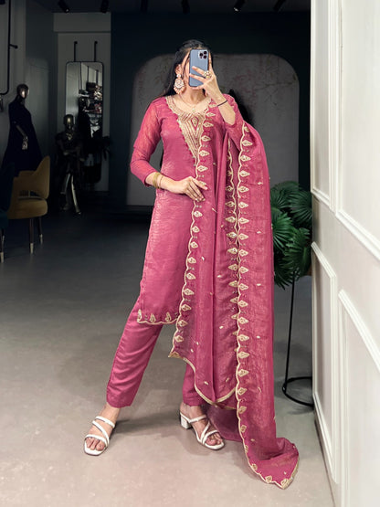 DRESS PINK ROMAN SILK EMBRODERY WORK