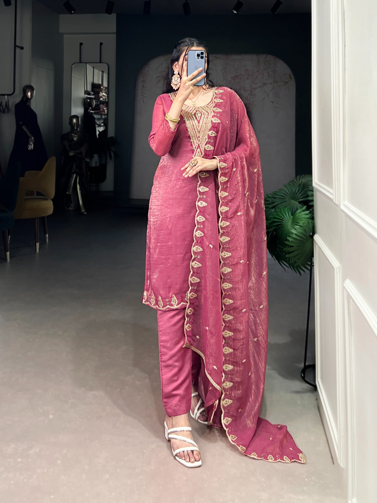DRESS PINK ROMAN SILK EMBRODERY WORK