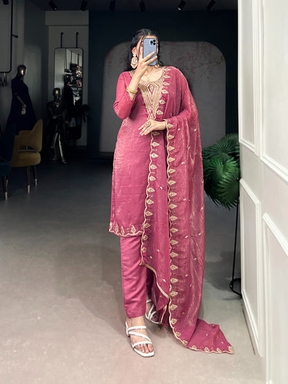 DRESS PINK ROMAN SILK EMBRODERY WORK