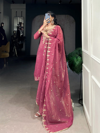 DRESS PINK ROMAN SILK EMBRODERY WORK