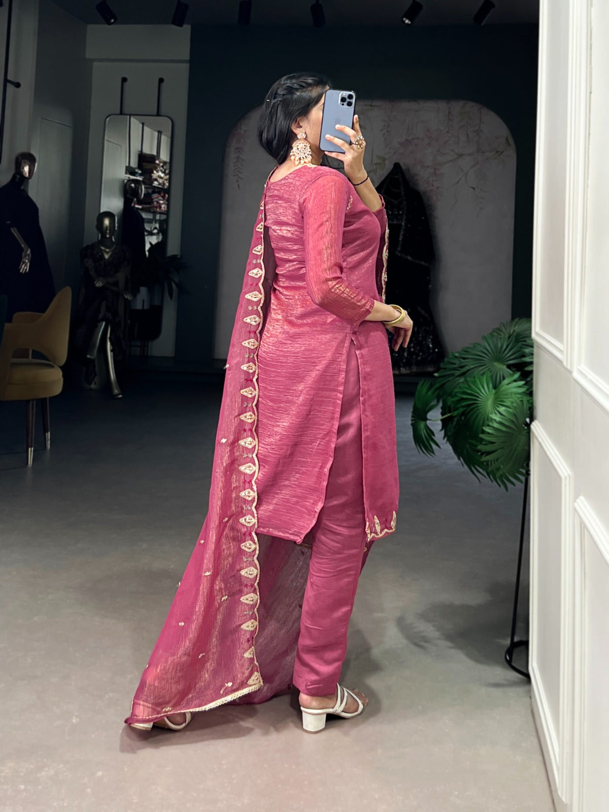 DRESS PINK ROMAN SILK EMBRODERY WORK