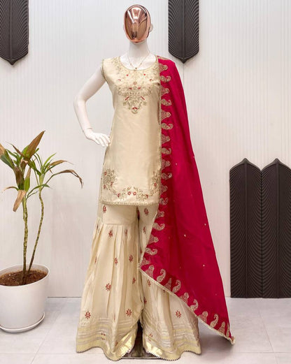 Elegance Sarara Suit in 3 Piece with Sequence Embroidery Work