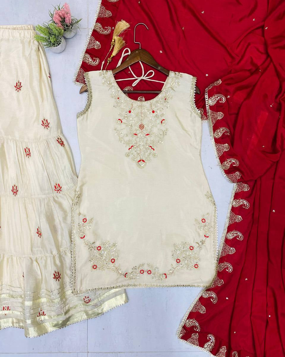 Elegance Sarara Suit in 3 Piece with Sequence Embroidery Work